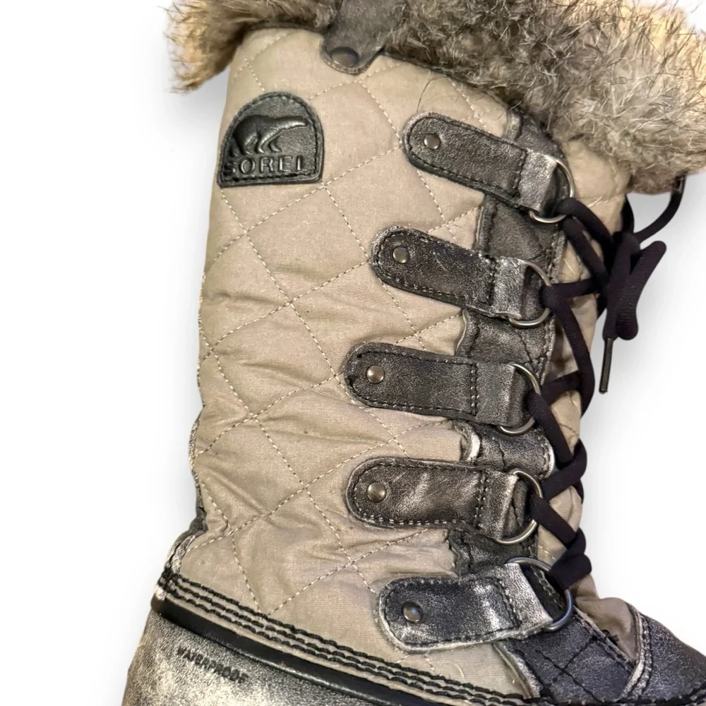 Sorel Tofino Tall Gray Waterproof Lace Up Distressed Faux‎ Fur Snow Boots Sz 7.5